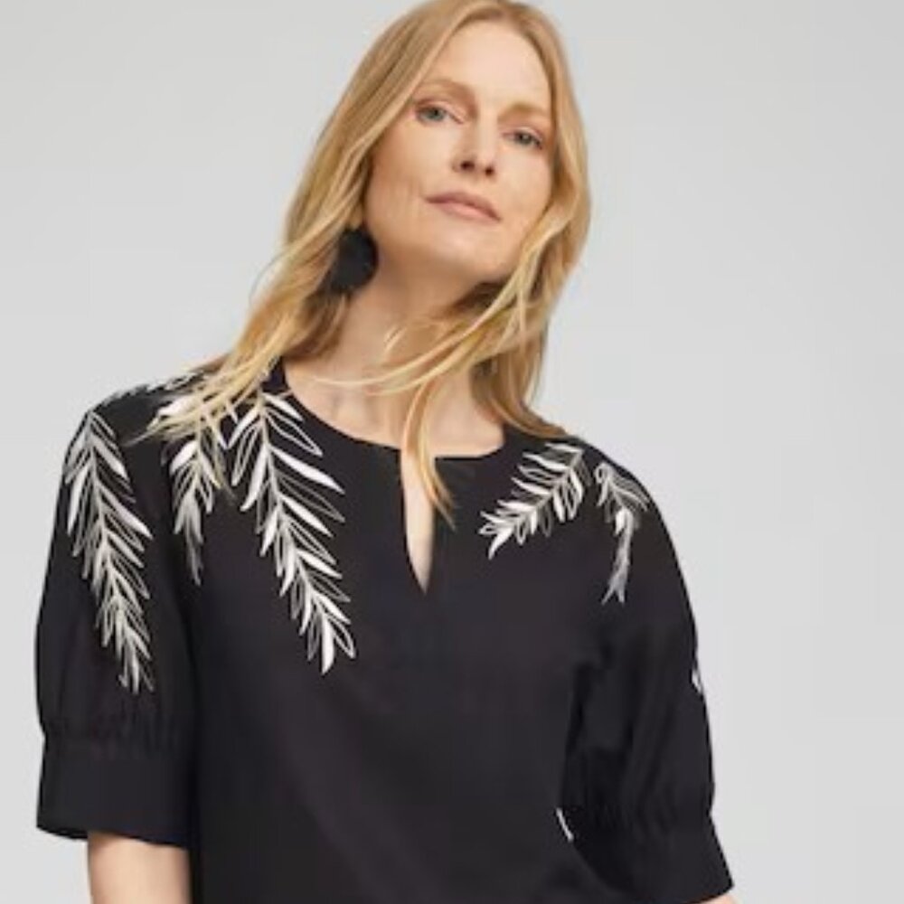 Chico's Black Blouse with White Leaf Embroidery